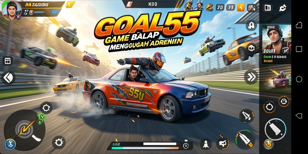 Screenshot permainan GOAL55 menampilkan balapan yang mendebarkan dan kendaraan beraksi.