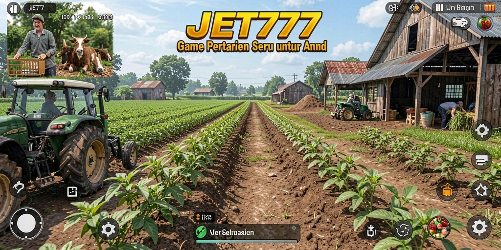 Tampilan gameplay JET77 dengan kebun yang subur dan hasil panen yang memuaskan.