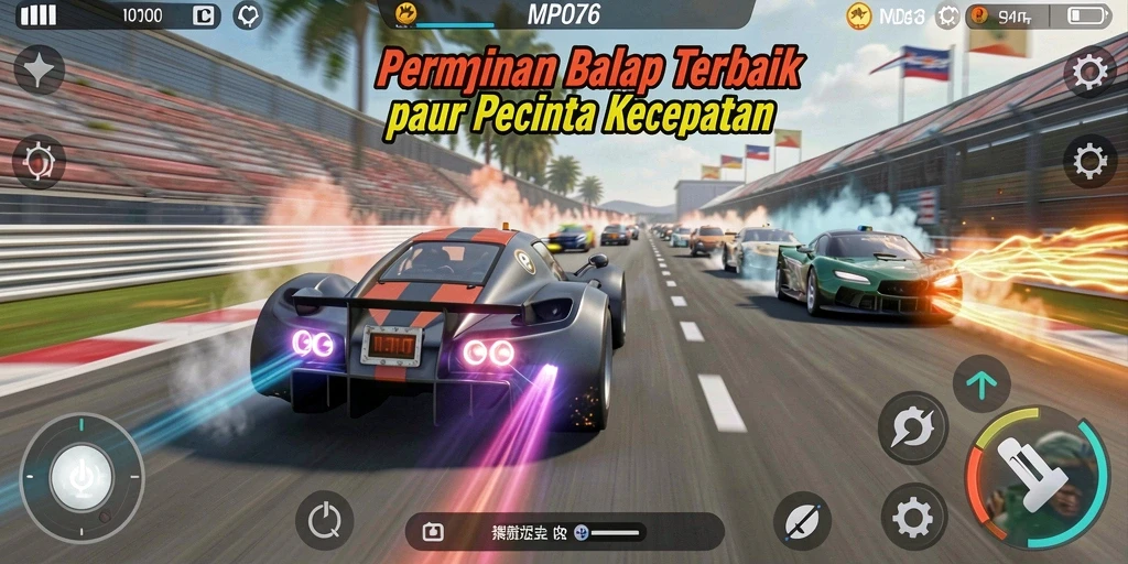 Tampilan utama gameplay <strong>MPO76</strong> dengan mobil balap yang melaju kencang di lintasan.