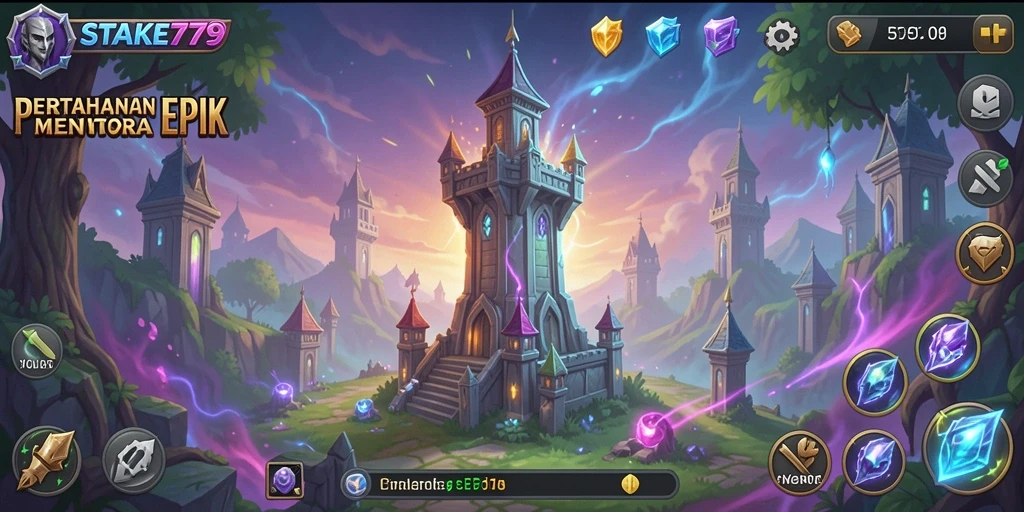 Tangkapan layar gameplay STAKE779 menunjukkan menara yang sedang beraksi melawan gelombang musuh.