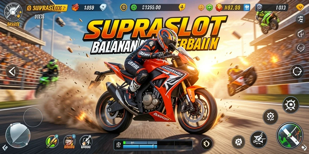 Gameplay SUPRASLOT yang menegangkan dengan balapan motor di trek yang menantang.