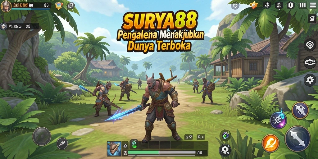 Screenshot gameplay SURYA88 dengan dunia terbuka yang kaya dan detail.